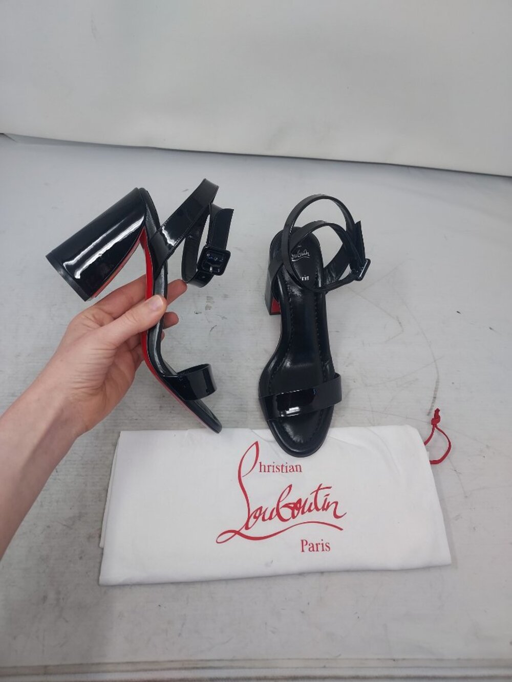 CHRISTIAN LOUBOUTIN Miss Sabina Black Ankle Strap Block Heel Sandal